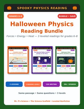 Halloween Physical Science Reading Comprehension BUNDLE | Energy & Forces | 6-8